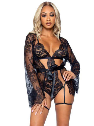 All Romance Lace Teddy and Robe Set - Medium - Black LA-86123BLKM