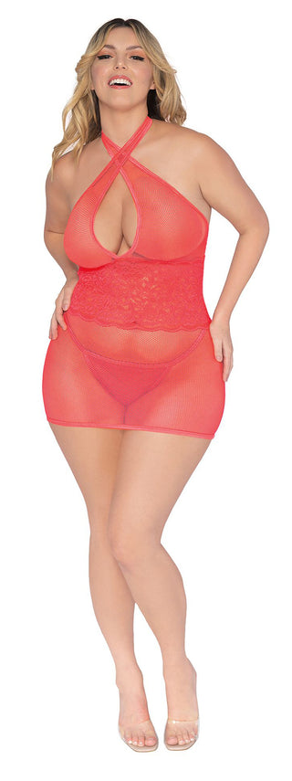 Stretch Fishnet and Scalloped Stretch Lace Chemise - Queen - Coral DG-12606XCORQ