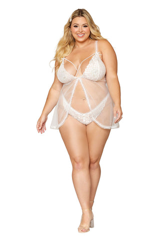 Babydoll and Pearl G-String - Queen Size - White DG-12834WHTQ